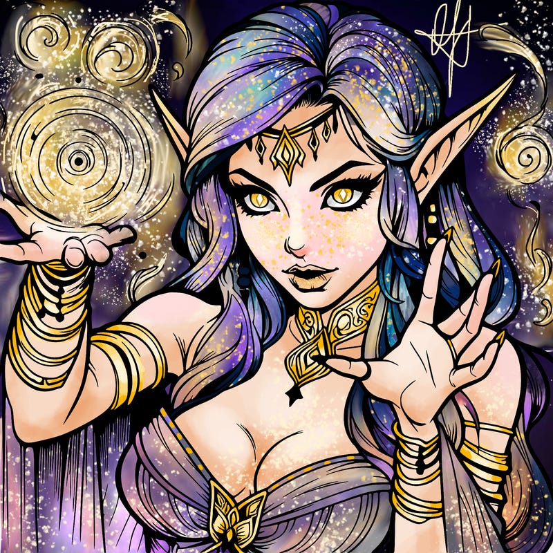 realistic scary beautiful elf sorceress casting spell