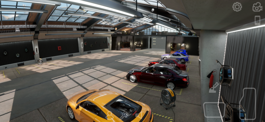 Interior view of a modern industrial car garage with multiple customized vehicles in Car Parking Multiplayer 2