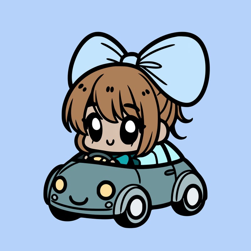 a anime women in a cute car with a bow on the car
