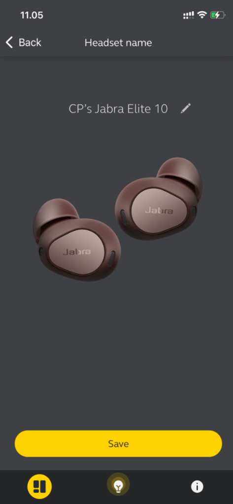 Interface for renaming Jabra Elite 10 earbuds in the Jabra Sound plus app