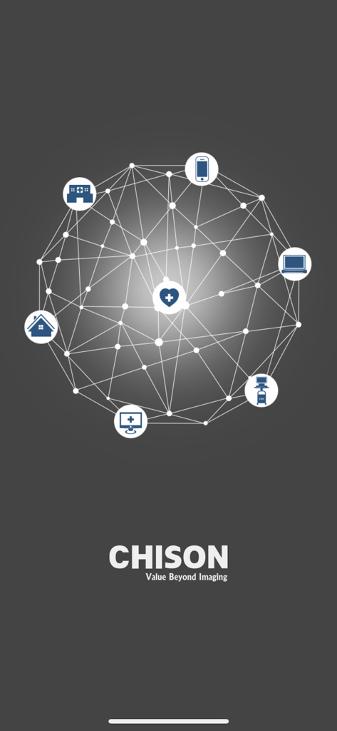 SonoEye - Tela de apresentação do aplicativo SonoEye da Chison mostrando uma rede de ícones médicos e de comunicação
