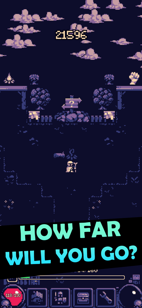 OneBit Adventure - OneBit Adventureモバイルゲームのレトロ8ビットピクセルアートダンジョン探索シーン。「どこまで行けるか」というテキストが表示されている。