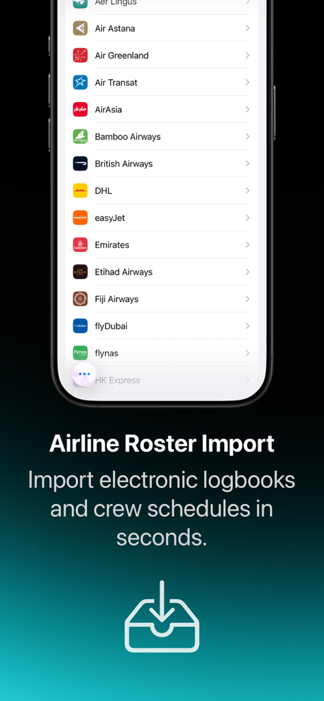 Airline roster import screen showing a list of supported airlines in the Airlog app
