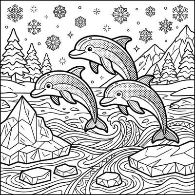 Experience the magic of winter with this vibrant Pop Art coloring page featuring three cheerful dolphins. Watch them playfully leap through icy waters and snowy peaks, ready for your creative touch.
