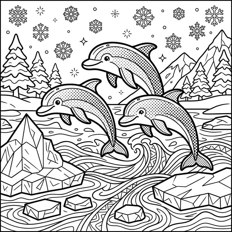 Experience the magic of winter with this vibrant Pop Art coloring page featuring three cheerful dolphins. Watch them playfully leap through icy waters and snowy peaks, ready for your creative touch.