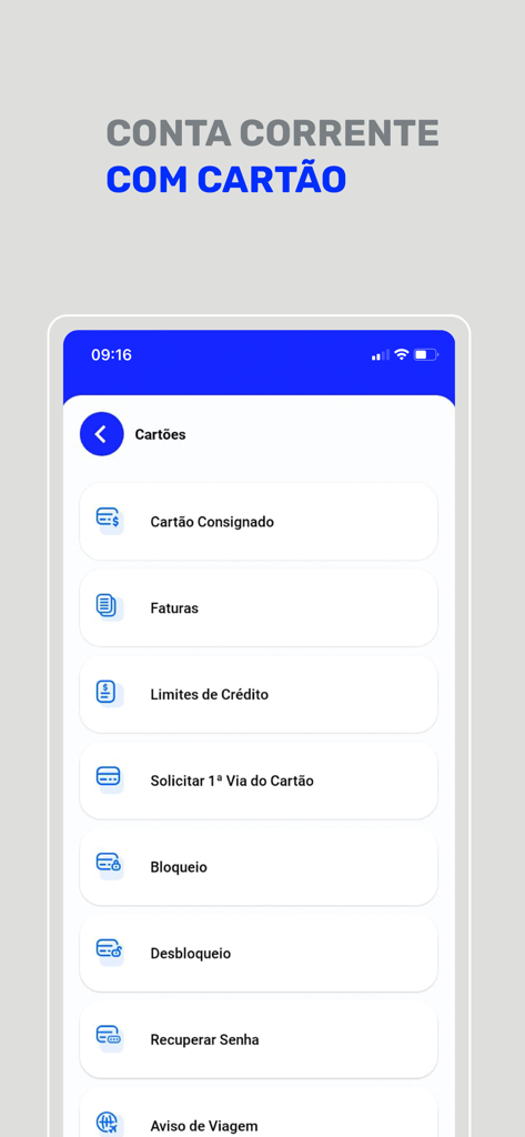 Interface do aplicativo Banco Mercantil mostrando opções de gerenciamento de cartões, incluindo faturas do cartão consignado e limites de crédito