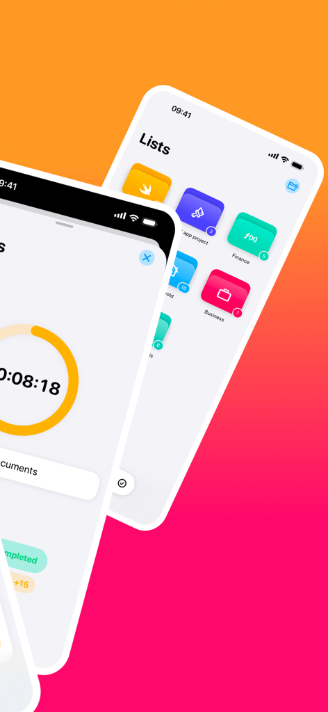 Two iPhone screens displaying the Planny X app with a focus timer and categorized task lists