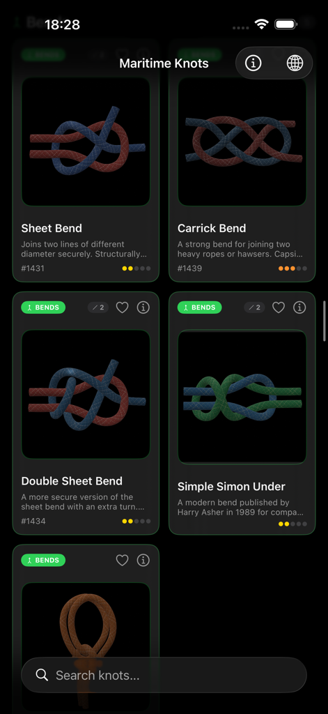 Maritime Master - Knots - La pantalla de la biblioteca de la aplicación Maritime Master que muestra varios nudos de empalme con diagramas 3D y clasificaciones de dificultad