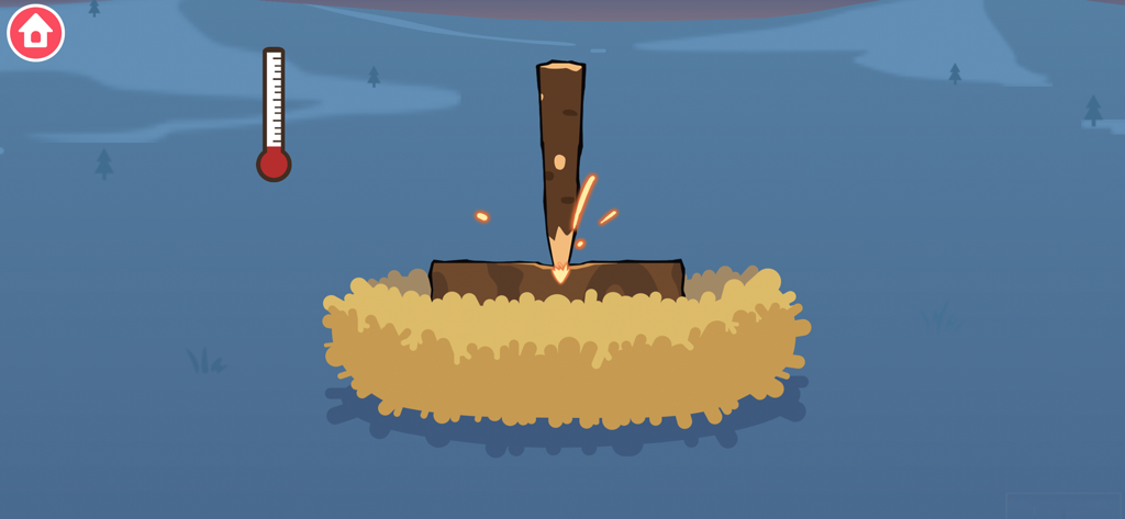 Dinosaur Time Machine Games - An educational game screen showing how to start a fire using primitive wooden tools and dry grass