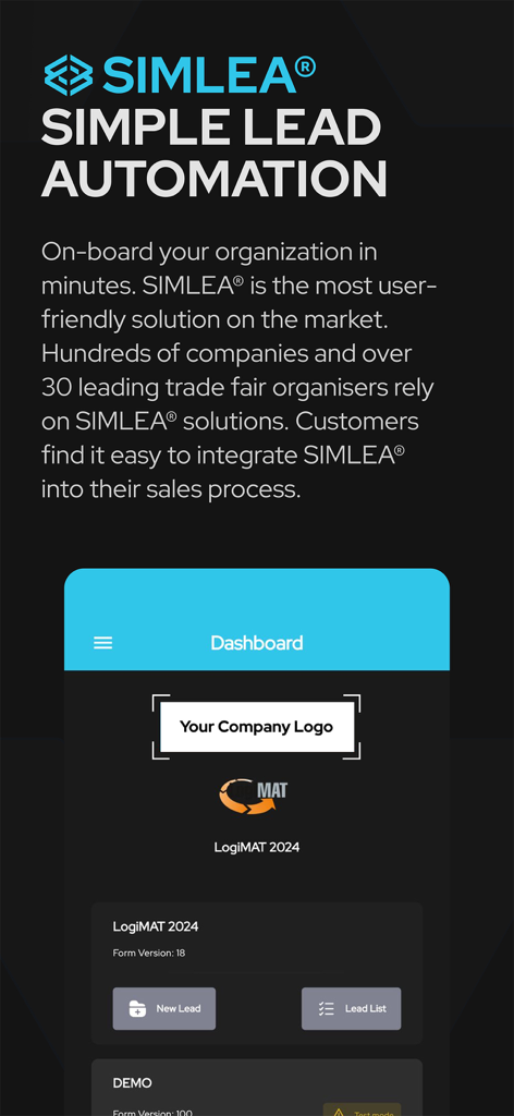 SIMLEA+ - SIMLEA app dashboard display for trade show lead automation and retrieval