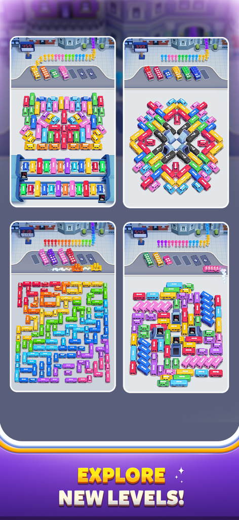 Bus Out - Cuatro niveles coloridos del juego de puzzle de clasificación de atascos de tráfico Bus Out mostrando varias disposiciones de vehículos y pasajeros