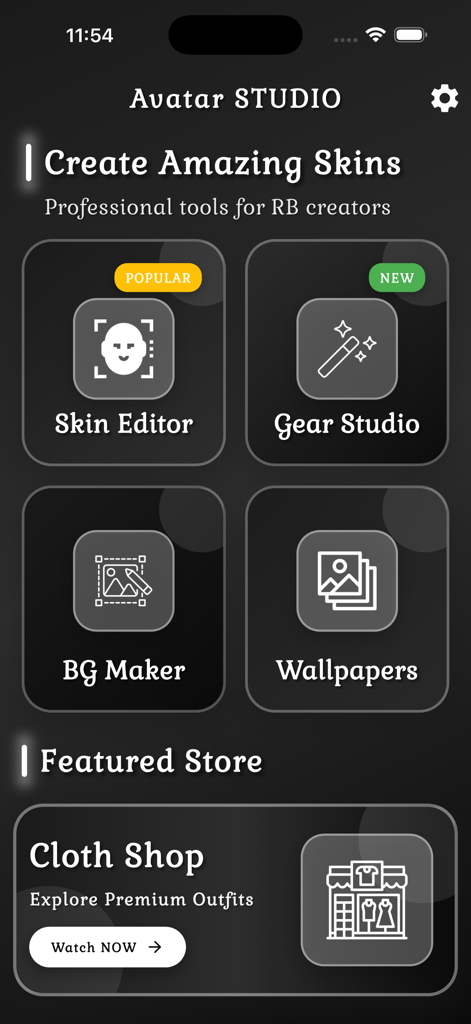 Avatar Skin Master For Roblox - Main menu of the Avatar Skin Master app showing options for Skin Editor Gear Studio BG Maker and Wallpapers