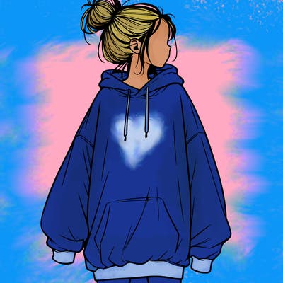 realistic girl with a oversized sweatshirt on and a bun
