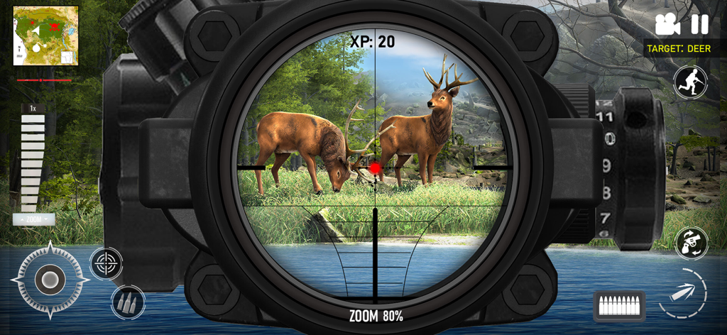 Deer Hunter Hunting Games - Vista de mira de francotirador en primera persona apuntando a dos ciervos en un entorno forestal del juego Deer Hunter Hunting.