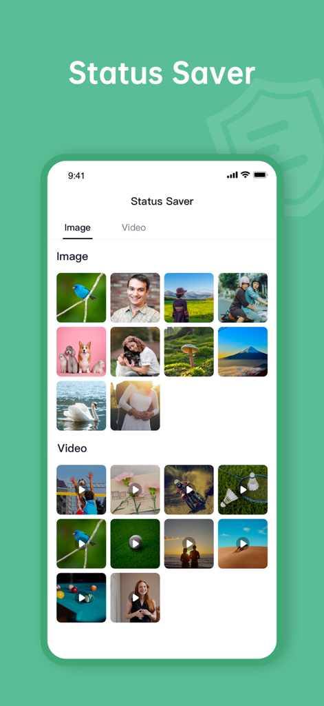 WAMR:Dual Messenger -Whats web - Interface of the WAMR app showing the Status Saver feature with organized grids of saved images and videos