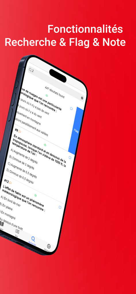 BIA France 2015-2026 Annales - Mobile interface of BIA France app showing search results for aeronautical exam questions and flagging options.