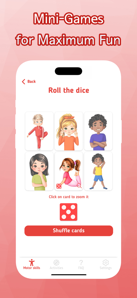 Un écran d'application mobile intitulé Lancez les dés montrant diverses cartes d'exercices physiques pour enfants et un dé rouge.