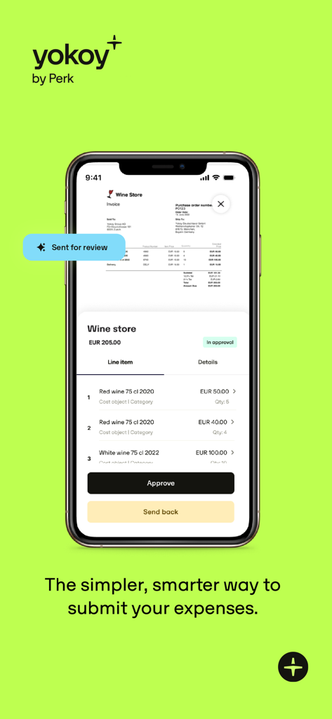 Yokoy - Yokoy mobile app interface displaying an invoice for approval with detailed expense line items and a sent for review notification.