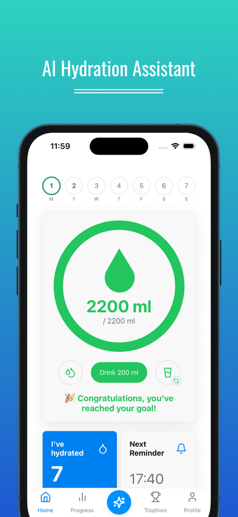 Water Tracker AI - Interface of the Water Tracker AI app showing a daily hydration goal of 2200 ml successfully reached