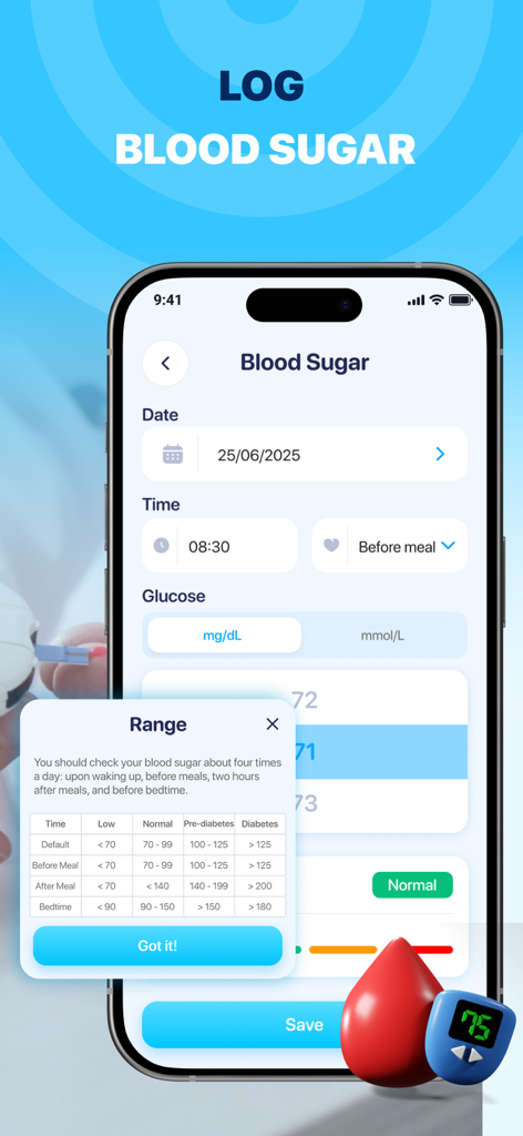 BP Tracker: Pressure Log - Pantalla de registro de azúcar en sangre en la aplicación BP Tracker mostrando niveles de glucosa y una guía de rango de referencia