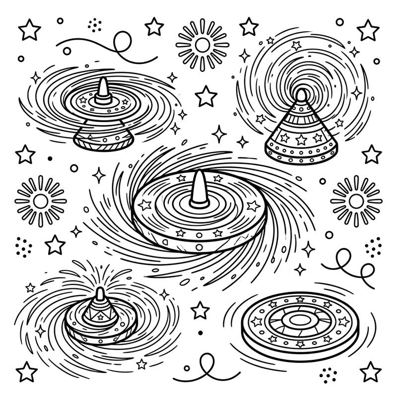 Ignite your child's creativity with this vibrant ground spinners fireworks coloring page, perfectly designed for young artists aged 4-8. Featuring multiple dynamic ground spinners surrounded by stars and swirls, it promises hours of exciting coloring fun.