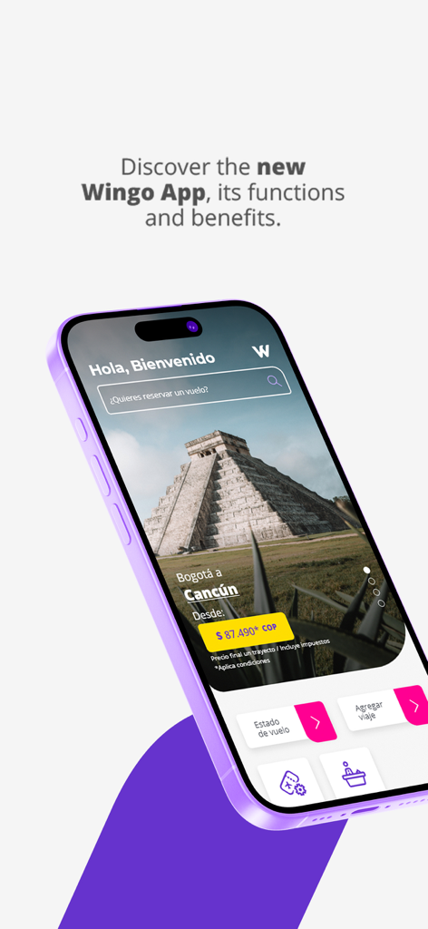 Wingo mobile app interface on a smartphone displaying travel deals and flight booking options