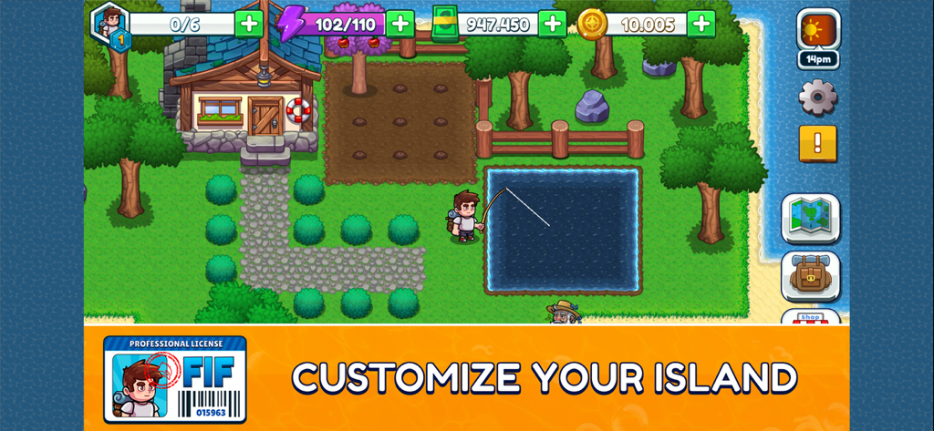 Nautical Life 2: Fishing RPG - Character fishing in a pond on a customizable island with a house and farm