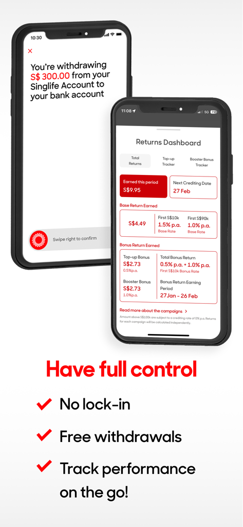 Singlife mobile app interface displaying a withdrawal confirmation screen and a detailed returns performance dashboard.