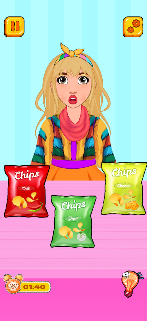 ASMR Master - Mukbang Eating - A vlogger character with bags of chilli yogurt and cheese chips in the ASMR Master Mukbang Eating game