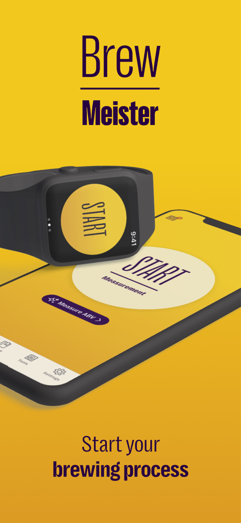 Brew Meister: Measure & Manage - Brew Meister app displayed on a smartphone and smartwatch showing the start measurement screen for home brewing.
