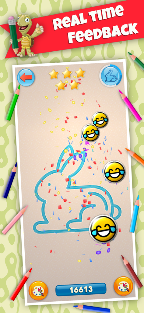 BeeArtist PRO - Learn to Draw - Interface de l'application BeeArtist PRO montrant un enfant dessinant un lapin avec un retour en temps réel et des emojis positifs.