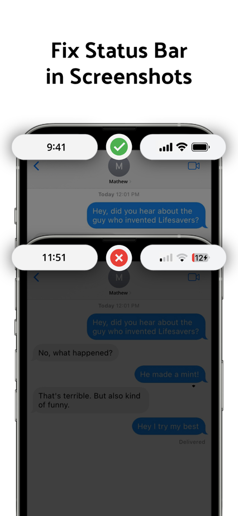 Status Bar - Screenshot Editor - Comparison showing a messy status bar versus a clean professional 9:41 status bar for app screenshots