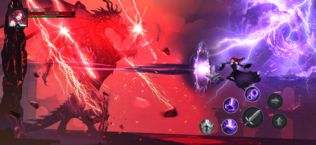 Personagem Mago lançando feitiços mágicos contra um chefe dragão vermelho gigante em Shadow Rival Action War Game