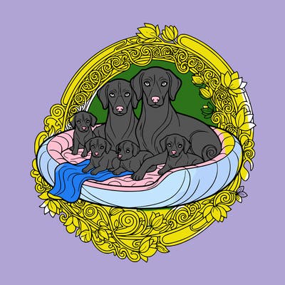 cute puppies with there mom and dad in a dog bed with a blanket.