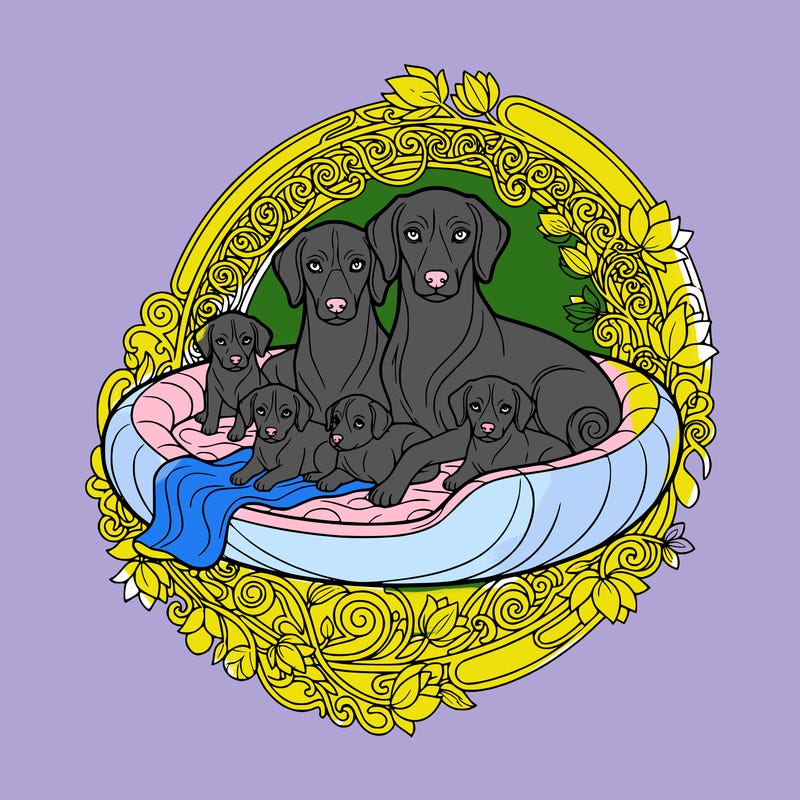 cute puppies with there mom and dad in a dog bed with a blanket.