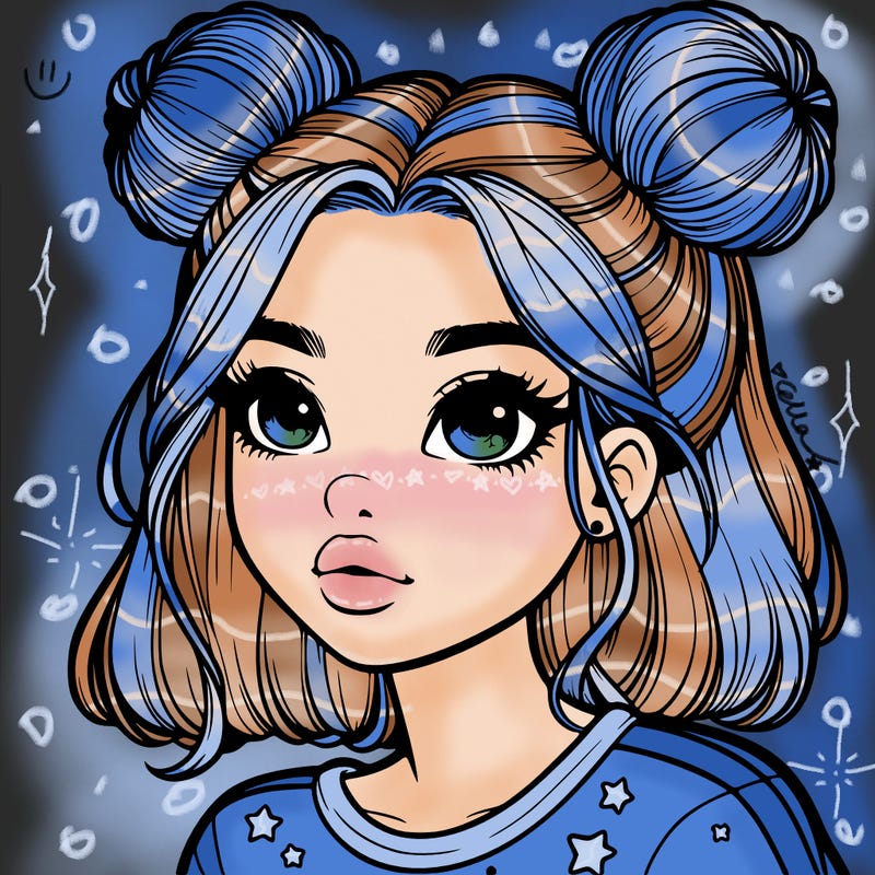 realistic girl with space buns on the side of her head