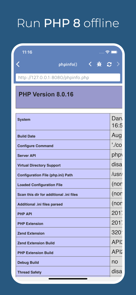 phpwin - Screenshot of phpwin app showing PHP 8 version information running on a local offline server on an iPhone