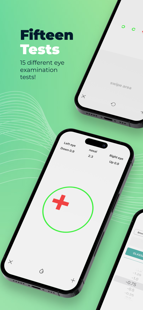 Interface de l'application Smart Optometry montrant différents tests d'examen de la vue interactifs sur smartphones