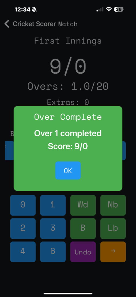 Gully Cricket Scorer - Eine Popup-Benachrichtigung in der Gully Cricket Scorer App, die Over 1 abgeschlossen mit einem Punktestand von 9 Runs für 0 Wickets anzeigt.