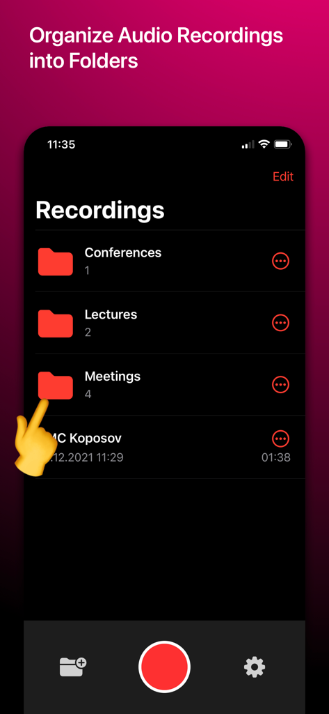 Una captura de pantalla de la interfaz de la aplicación Lecty que muestra grabaciones de voz organizadas en carpetas como Conferencias, Clases y Reuniones.