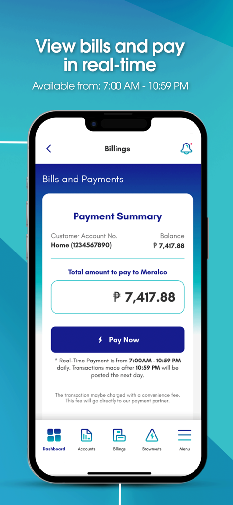 My Meralco - My Meralco app interface showing a bill payment summary with a Pay Now button for electricity bills