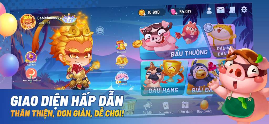 Ba Bich - Tien Len/Thirteen - The main menu of the Ba Bich card game featuring vibrant characters and various gameplay modes like ranked matches