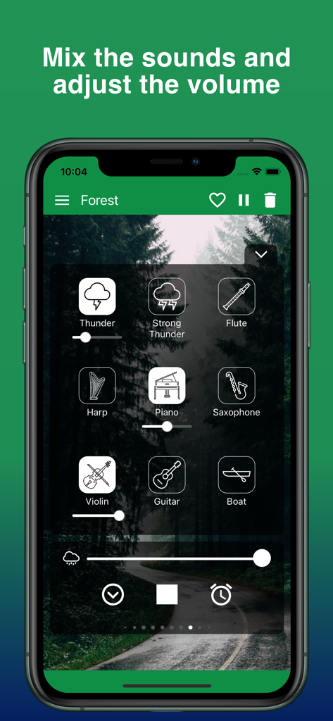 Mood: Rain Sounds & Thunder - Interfaz de la aplicación Mood mostrando controles deslizantes de volumen para mezclar sonidos de la naturaleza como truenos con instrumentos musicales sobre un fondo de bosque