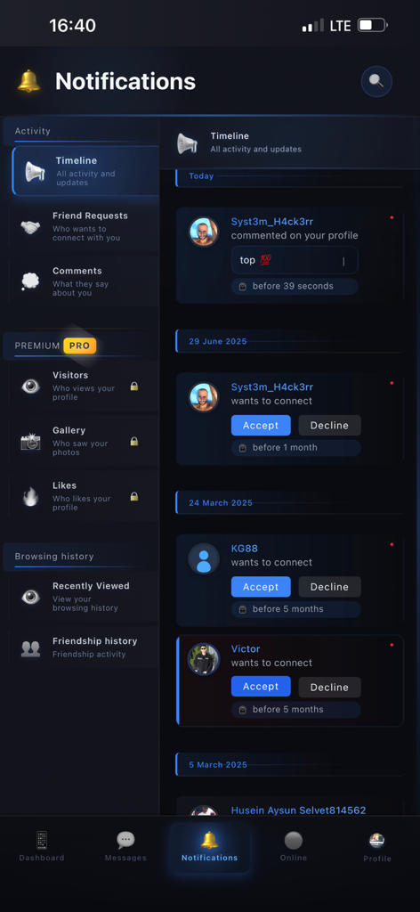 The notifications screen of the ChatNet app showing a timeline of profile comments and connection requests.