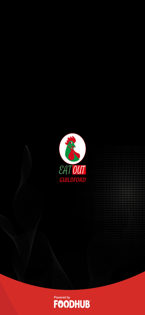 Eat Out Guildford - Eat Out Guildford app splash screen with rooster logo and Foodhub branding