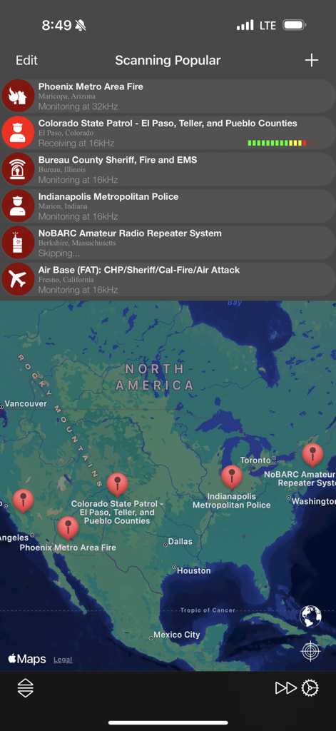 A screenshot of the Action Scanner app showing multiple active emergency feeds and their locations on a map of North America.