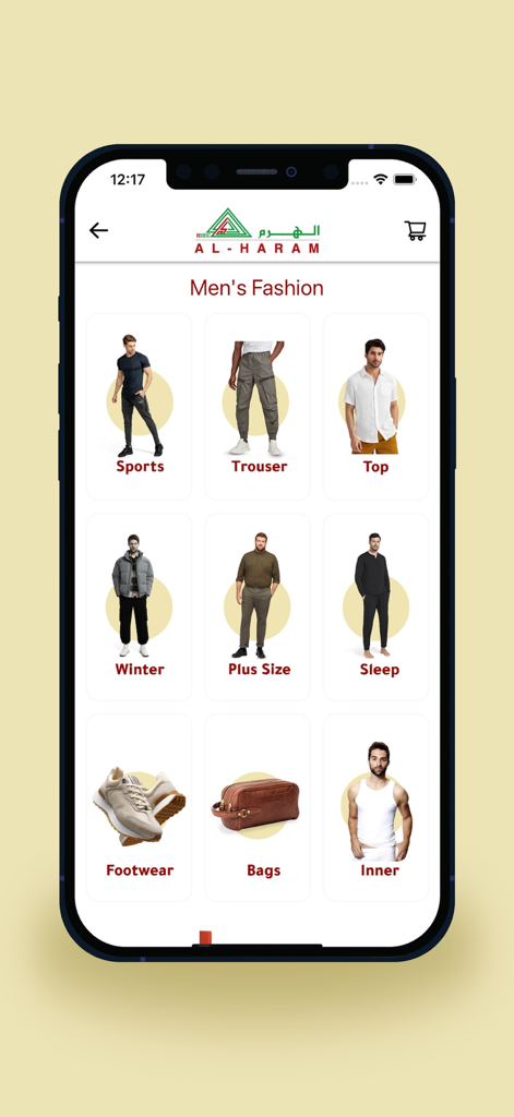 Alharamstores mobile app interface displaying men's fashion categories with product photos