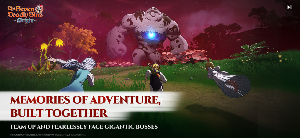 A team of heroes confronting a gigantic stone boss in The Seven Deadly Sins Origin.