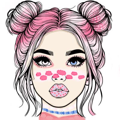realistic girl with two buns on her hair and lips