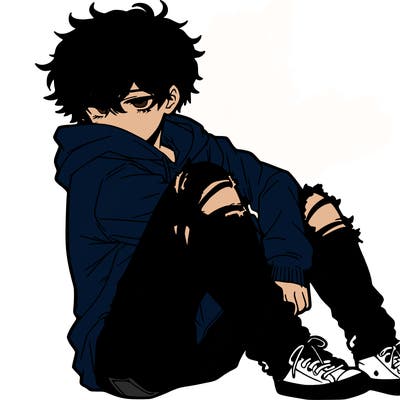 a male hoddie ripped jeans messy hair anime